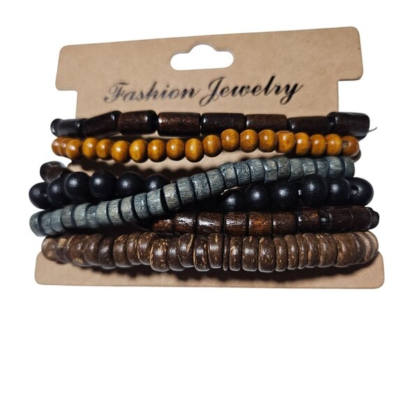 Boho Wooden Beaded Bracelet Set of 6 Multi Color Natural Fashion Jewelry Unisex - Picture 1 of 2